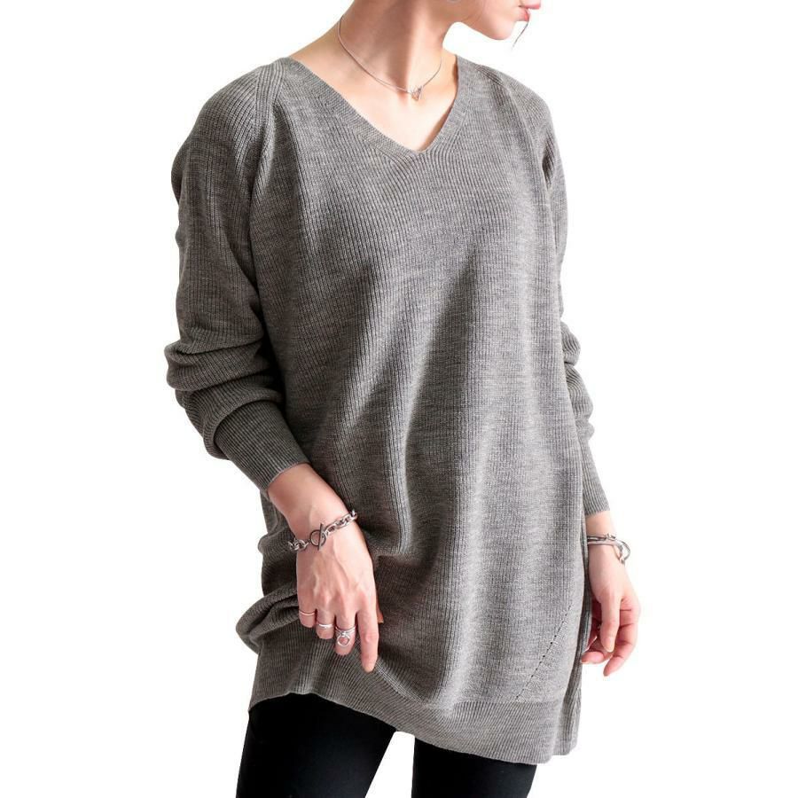 大きいサイズ レディース Vネックチュニック丈ニット　suri-3211 グレー