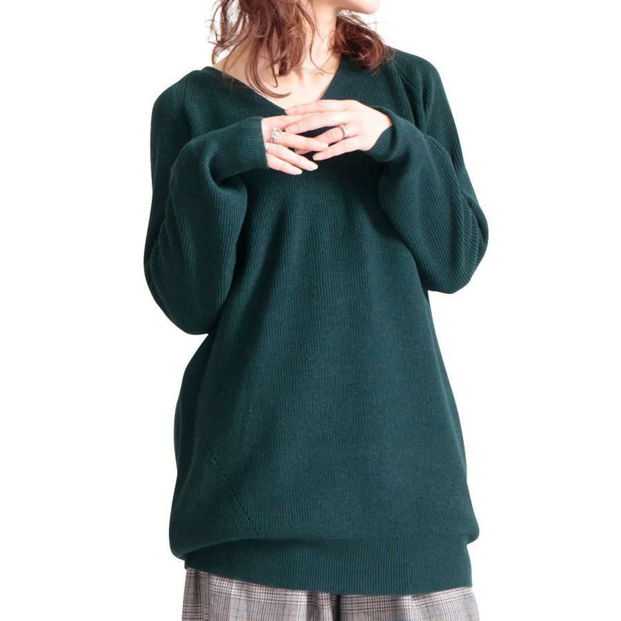 大きいサイズ レディース Vネックチュニック丈ニット　suri-3211 グリーン