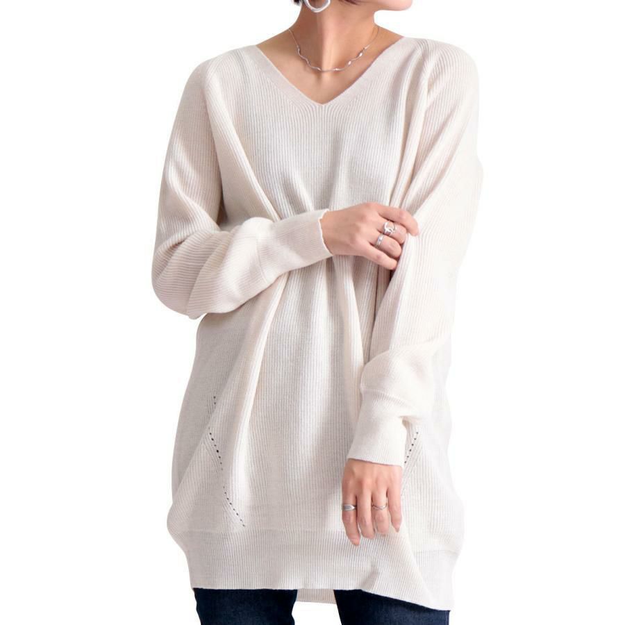 大きいサイズ レディース Vネックチュニック丈ニット　suri-3211 オフホワイト
