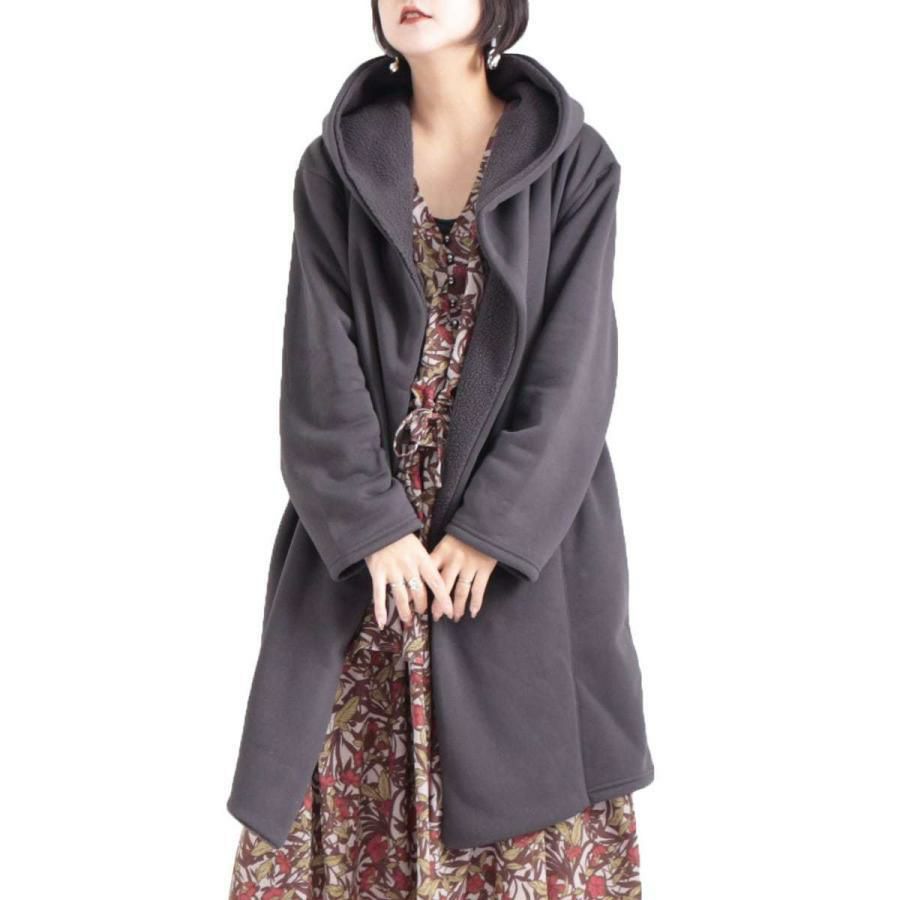 大きいサイズ レディース フード付き裏ボアコート　sw-0329 チャコール