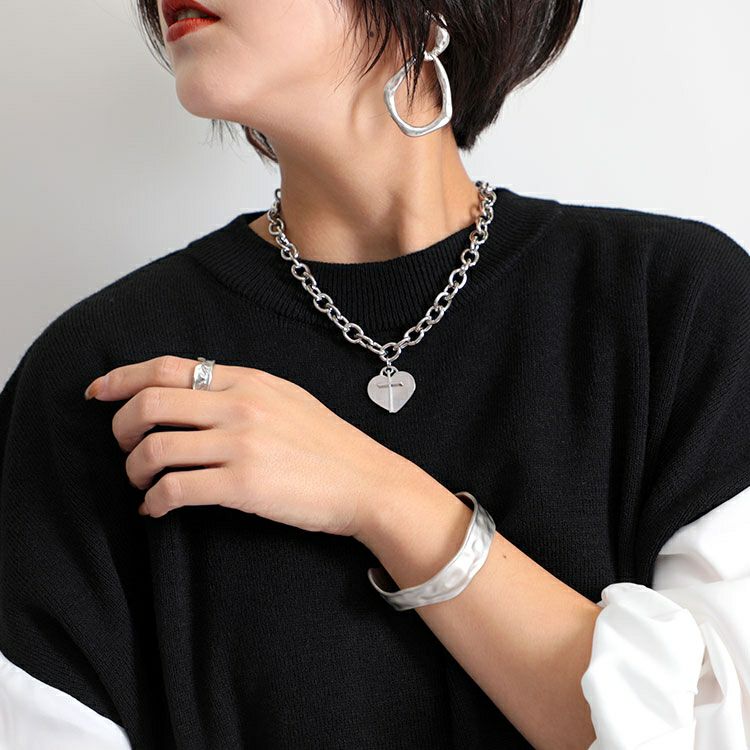 大きいサイズ レディース ハートプレート付きボリュームチェーンネックレス　humio-044【メール便可】