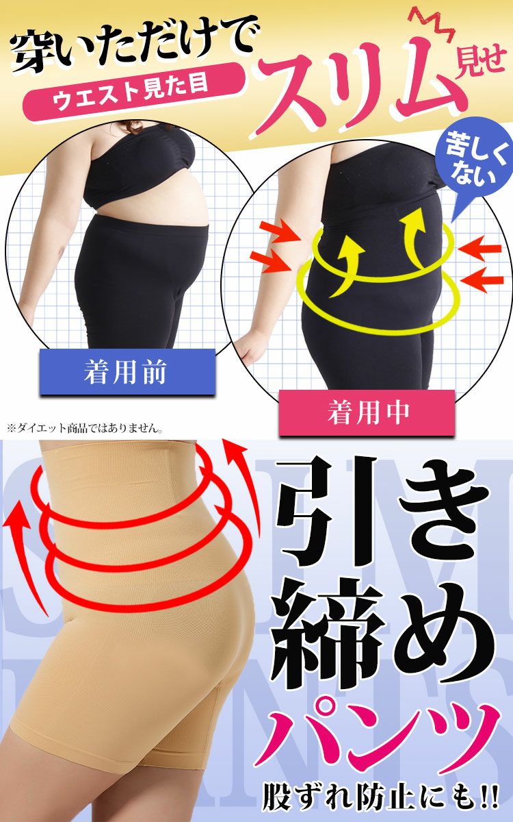 大きいサイズ レディース もう下腹出させない！楽して引き締めシンデレラパンツ 2枚組　humio-043w 3分丈 股擦れ 股ズレ 股ずれ