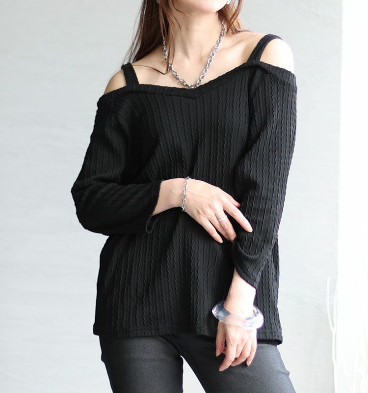 大きいサイズ レディース Vネックオフショル長袖プルオーバー　mncut-112455