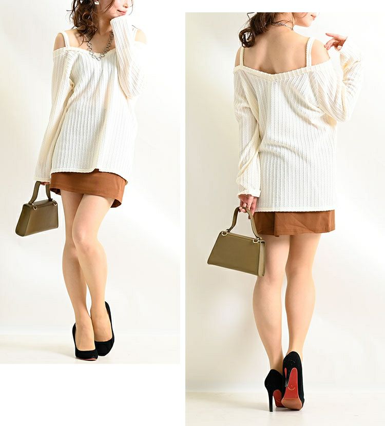 大きいサイズ レディース Vネックオフショル長袖プルオーバー　mncut-112455