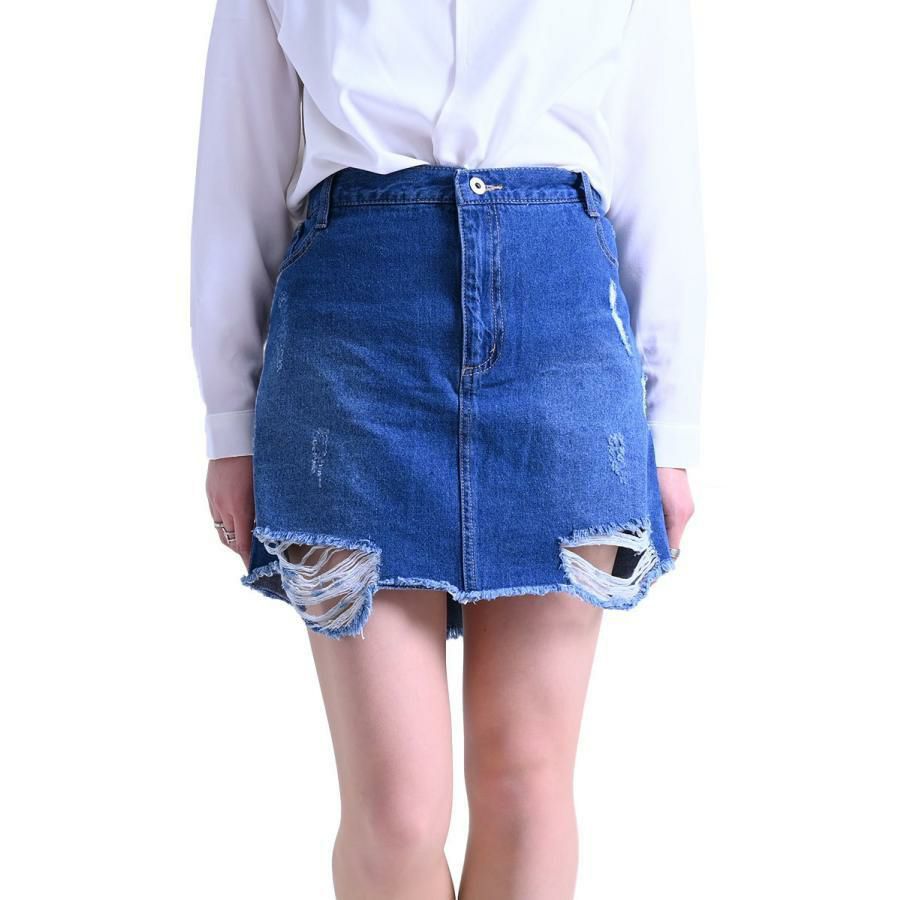 大きいサイズ レディース ダメージデニムミニスカート　tkb-127671120 ブルー