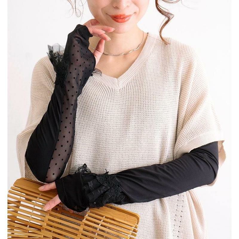 大きいサイズ レディース ビッグサイズ 花柄レース付きUVカットアームカバー　jun-188 【メール便可】 ブラック