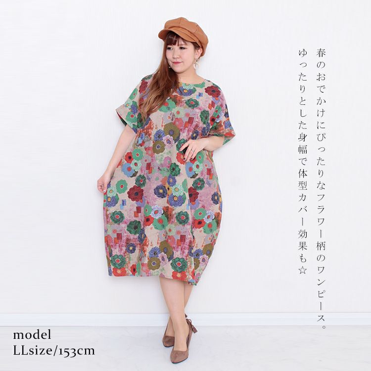 大きいサイズ レディース ビッグサイズ フラワープリント半袖ワンピース　goldy-640 【メール便可】