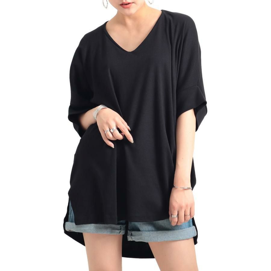 大きいサイズ レディース ビッグサイズ サイドスリットドルマンチュニックカットソー　wk-gold-095 ブラック