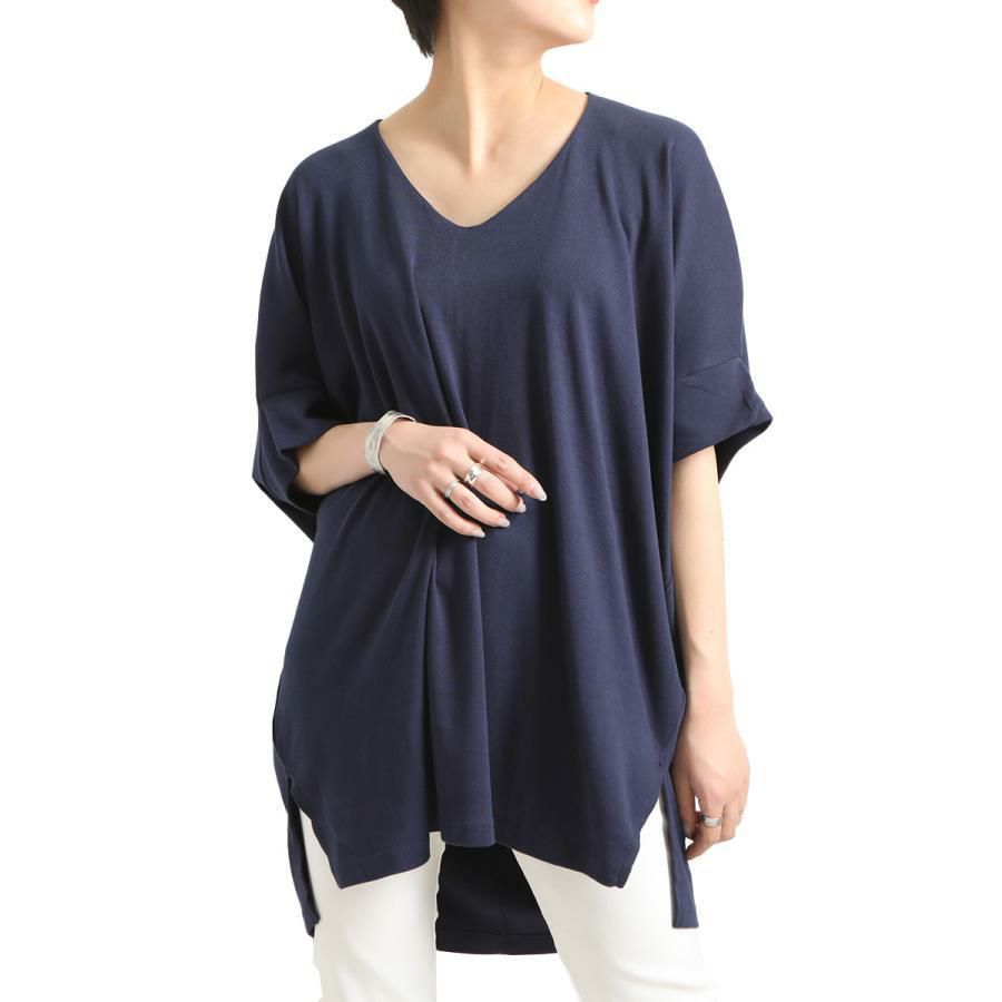 大きいサイズ レディース ビッグサイズ サイドスリットドルマンチュニックカットソー　wk-gold-095 ネイビー
