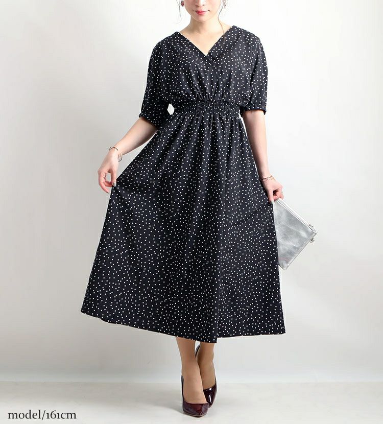 大きいサイズ レディース ビッグサイズ ドット柄ウエストシャーリングワンピース　maru-6389st