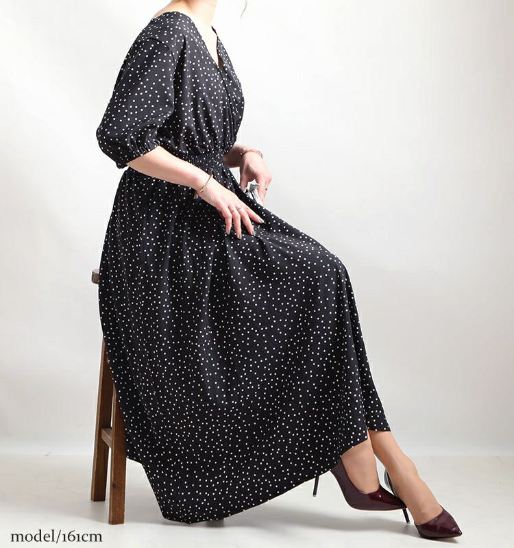 大きいサイズ レディース ビッグサイズ ドット柄ウエストシャーリングワンピース　maru-6389st
