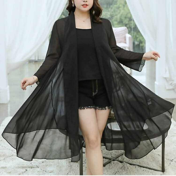 大きいサイズ レディース ビッグサイズ シースルーブラックシフォンカーディガン　goldy-625