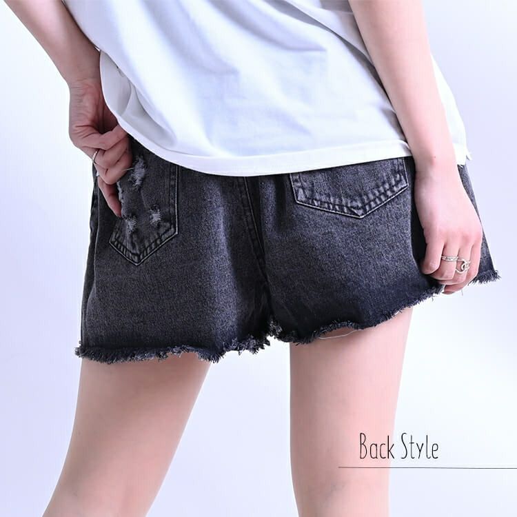 大きいサイズ レディース ビッグサイズ ブラックダメージデニムショートパンツ　goldy-611