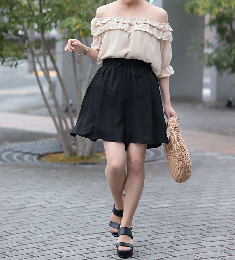 大きいサイズ レディース ビッグサイズ ウエスト紐付きフレアショートパンツ　sw-0358