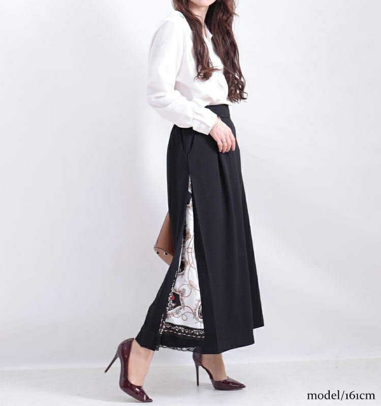 大きいサイズ レディース ビッグサイズ サイドスカーフ柄切替えワイドパンツ　nw-21002