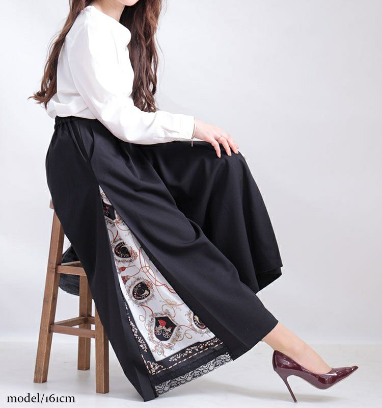 大きいサイズ レディース ビッグサイズ サイドスカーフ柄切替えワイドパンツ　nw-21002