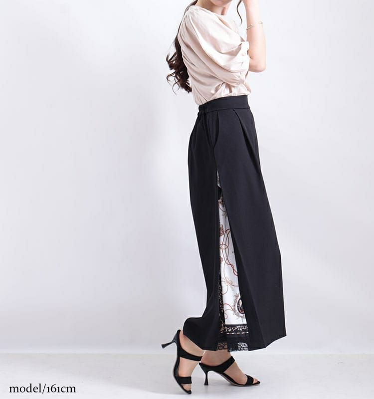 大きいサイズ レディース ビッグサイズ サイドスカーフ柄切替えワイドパンツ　nw-21002