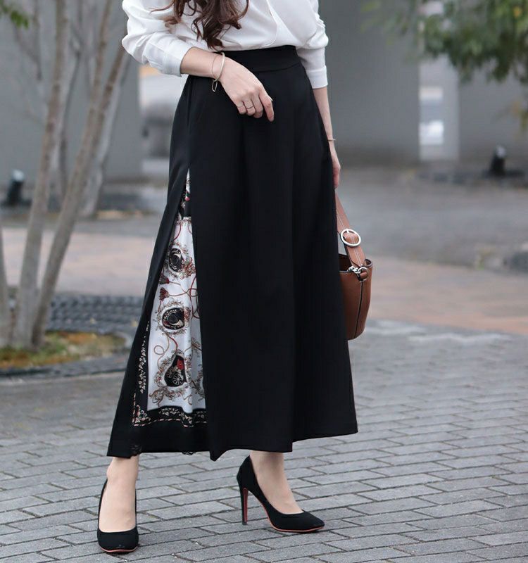 大きいサイズ レディース ビッグサイズ サイドスカーフ柄切替えワイドパンツ　nw-21002