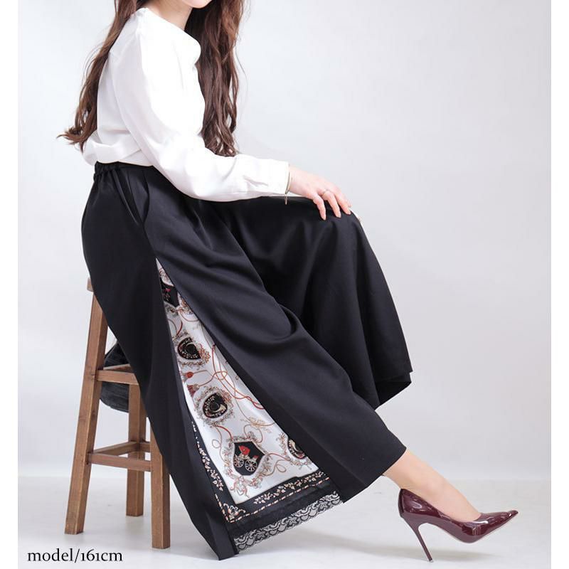 大きいサイズ レディース ビッグサイズ サイドスカーフ柄切替えワイドパンツ　nw-21002 ブラック