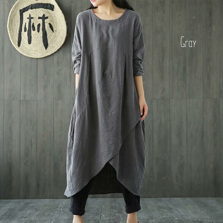 大きいサイズ レディース 綿麻混コクーンシルエットワンピース　goldy-652 グレー