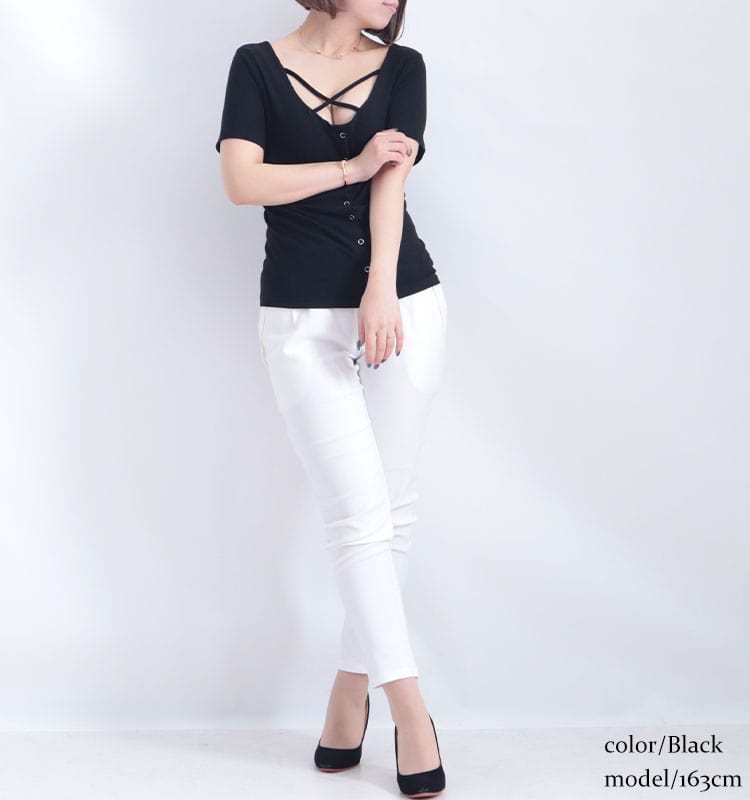 大きいサイズ レディース フロントクロス半袖トップス　jp345