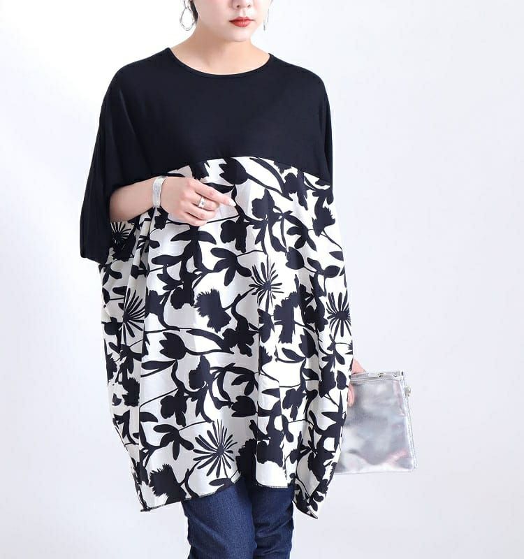 大きいサイズ レディース シフォン切替花柄プリントチュニック　jp349 【メール便可】
