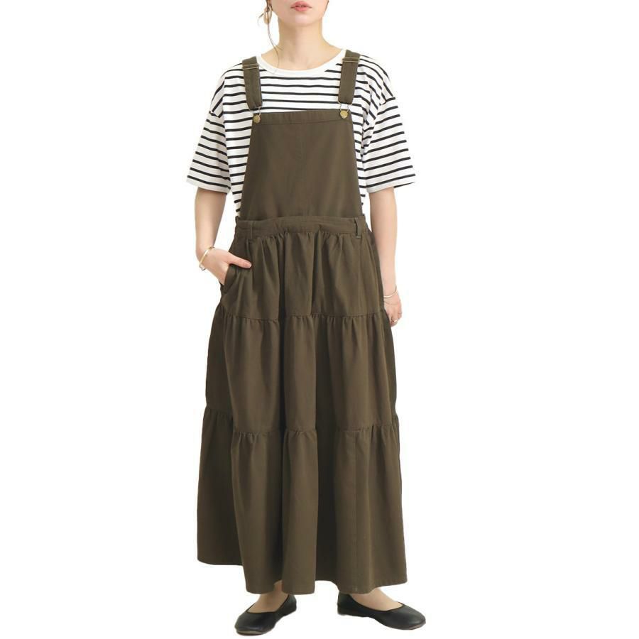 大きいサイズ レディース ティアードサロペットスカート　wc-0244 カーキ