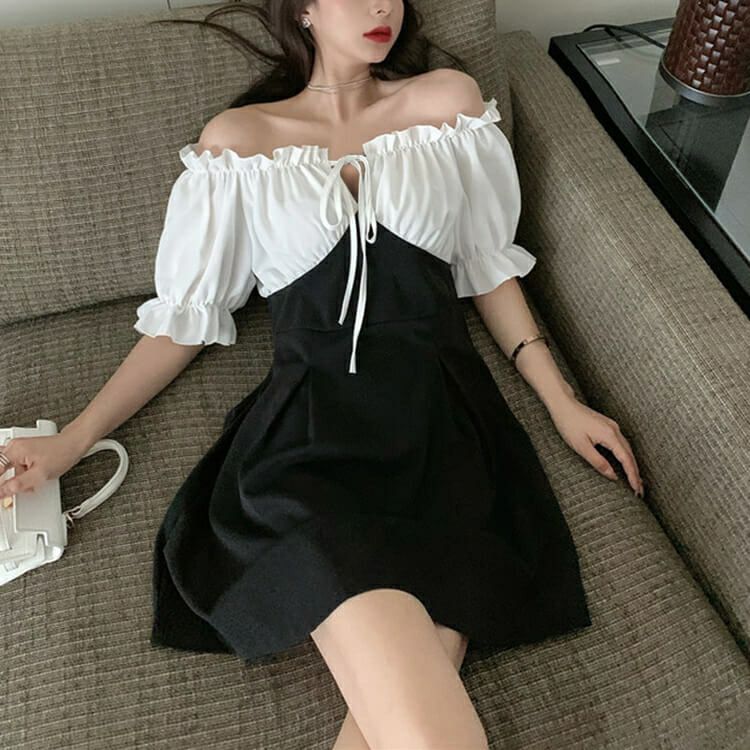 大きいサイズ レディース オフショルダー膝丈ワンピース　goldy-674