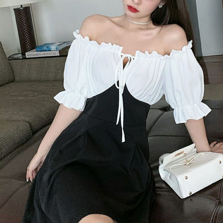 大きいサイズ レディース オフショルダー膝丈ワンピース　goldy-674