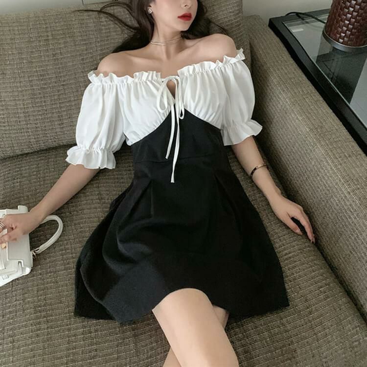 大きいサイズ レディース オフショルダー膝丈ワンピース　goldy-674 ブラック