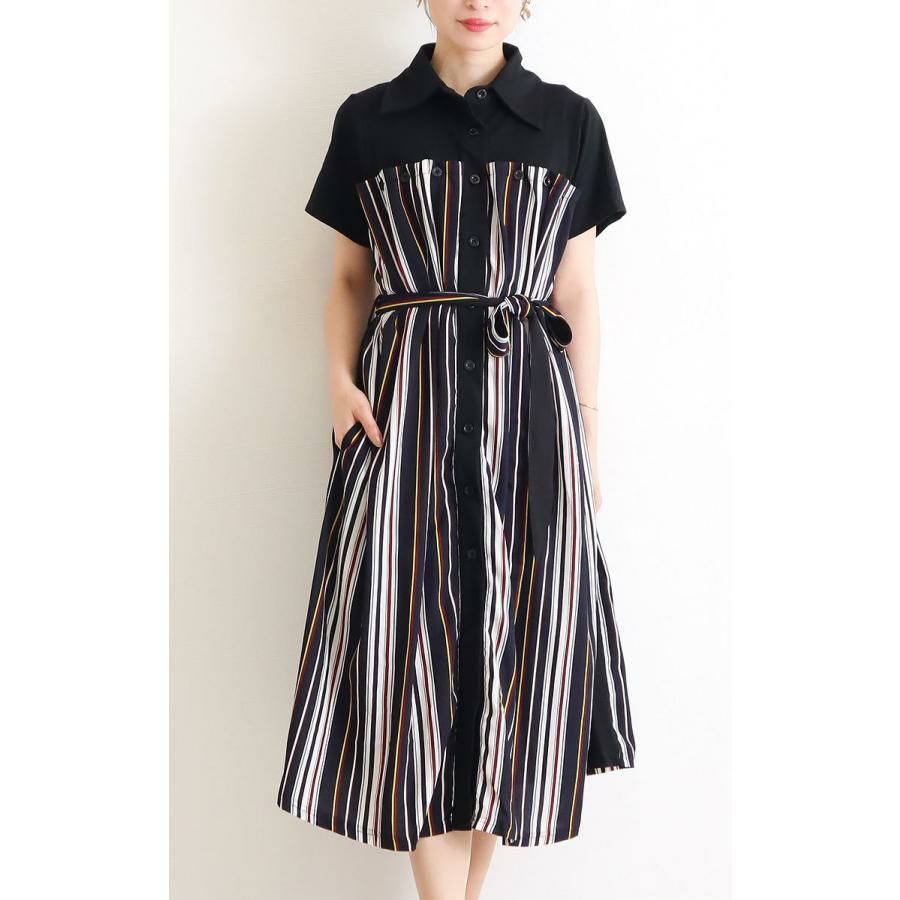 大きいサイズ レディース マルチストライプ柄シャツワンピース　jp324 ブラック