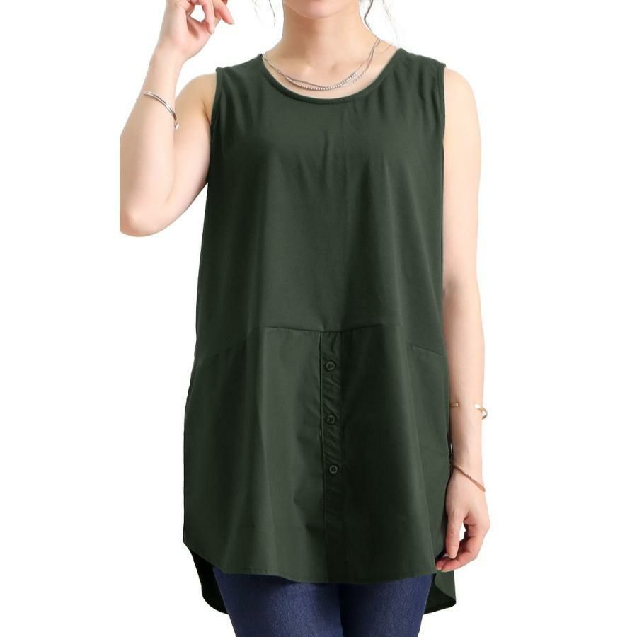 大きいサイズ レディース 裾布帛フェイクタンク　cros-130058 カーキ
