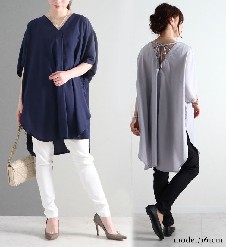 大きいサイズ レディース バックレースアップＶネックチュニック　bai-0066