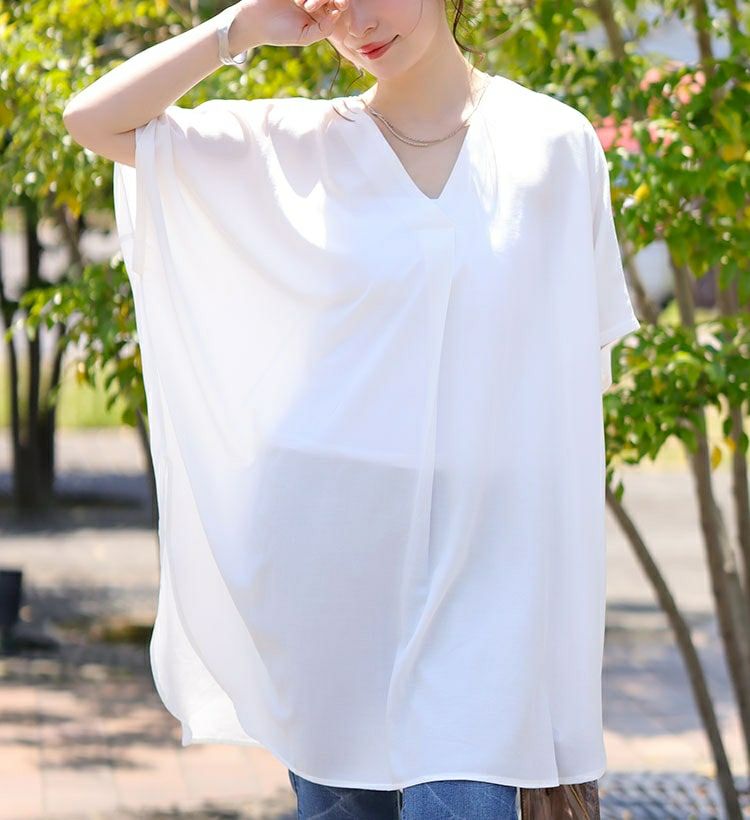 大きいサイズ レディース バックレースアップＶネックチュニック　bai-0066