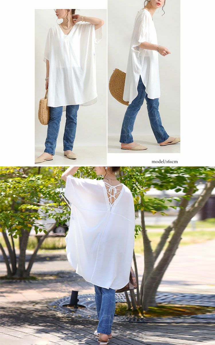 大きいサイズ レディース バックレースアップＶネックチュニック　bai-0066