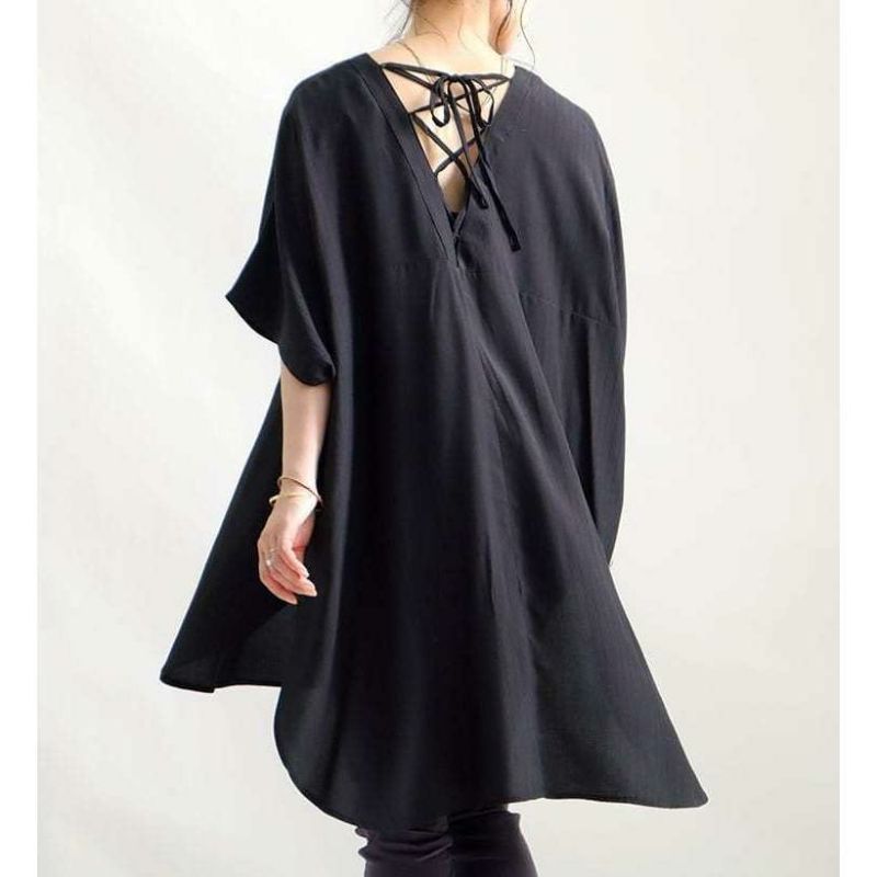 大きいサイズ レディース バックレースアップＶネックチュニック　bai-0066 ブラック