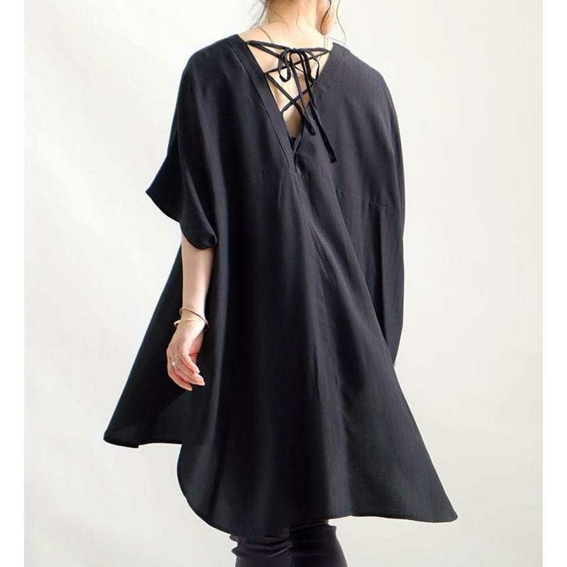 大きいサイズ レディース バックレースアップＶネックチュニック　bai-0066 ブラック