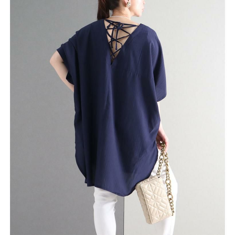 大きいサイズ レディース バックレースアップＶネックチュニック　bai-0066 ネイビー
