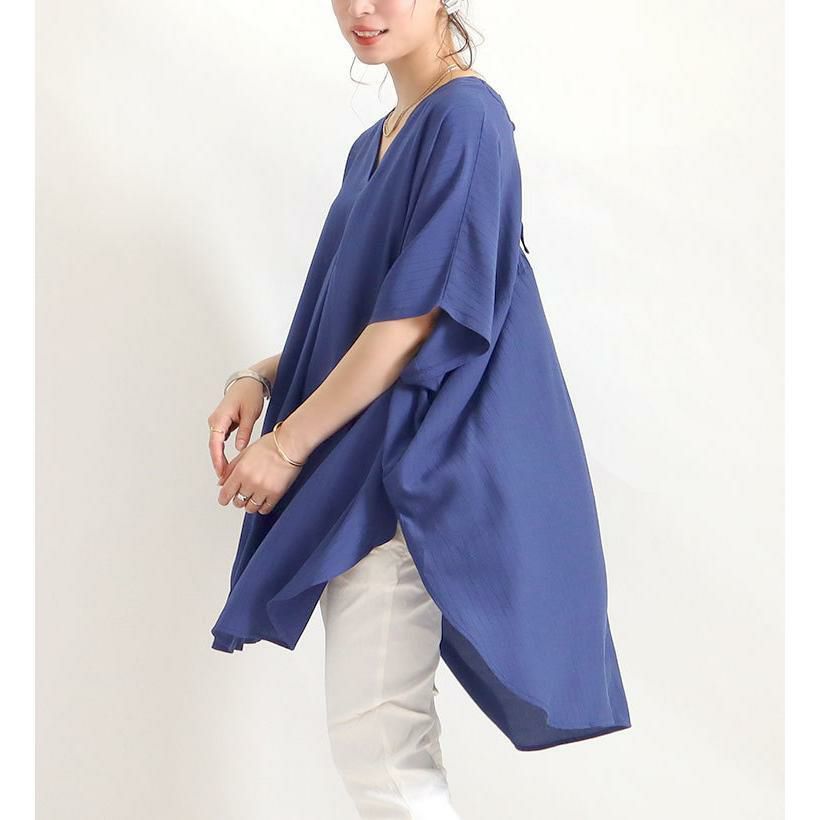 大きいサイズ レディース バックレースアップＶネックチュニック　bai-0066 ブルー