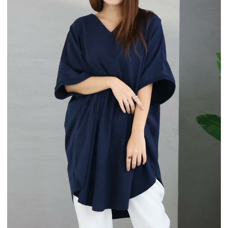 大きいサイズ レディース 太リブＶネックオーバーチュニック　bai-0062 ネイビー