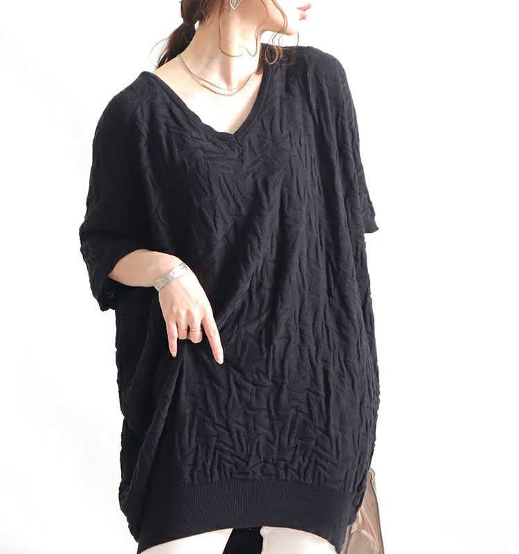 大きいサイズ レディース Vネックドルマンサマーニットチュニック　gold847