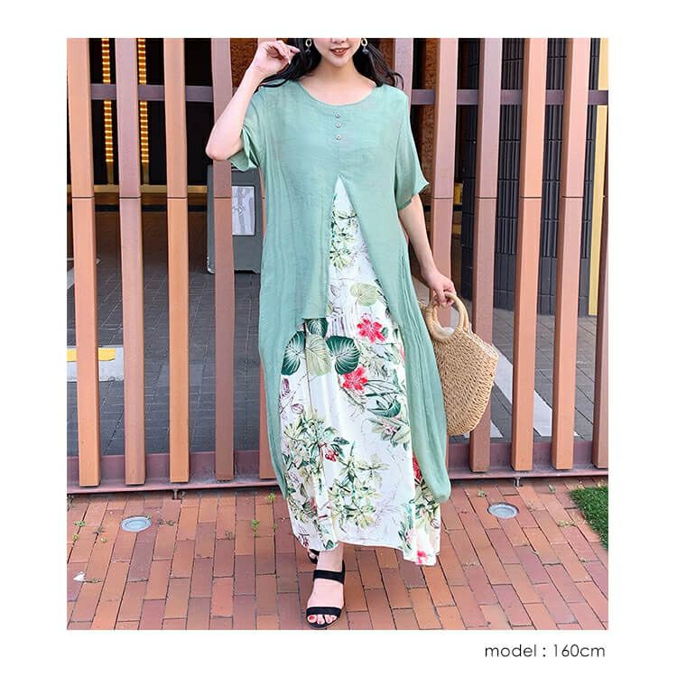 大きいサイズ レディース フェイクレイヤードロングワンピース　goldy-690