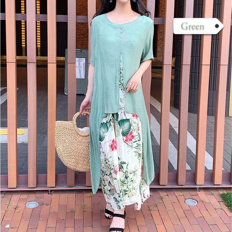 大きいサイズ レディース フェイクレイヤードロングワンピース　goldy-690 グリーン