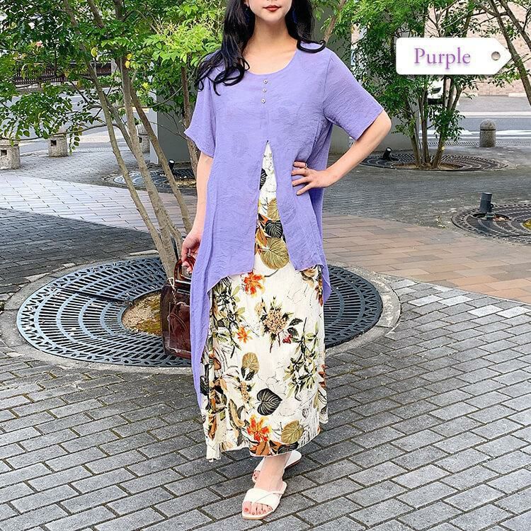 大きいサイズ レディース フェイクレイヤードロングワンピース　goldy-690 パープル