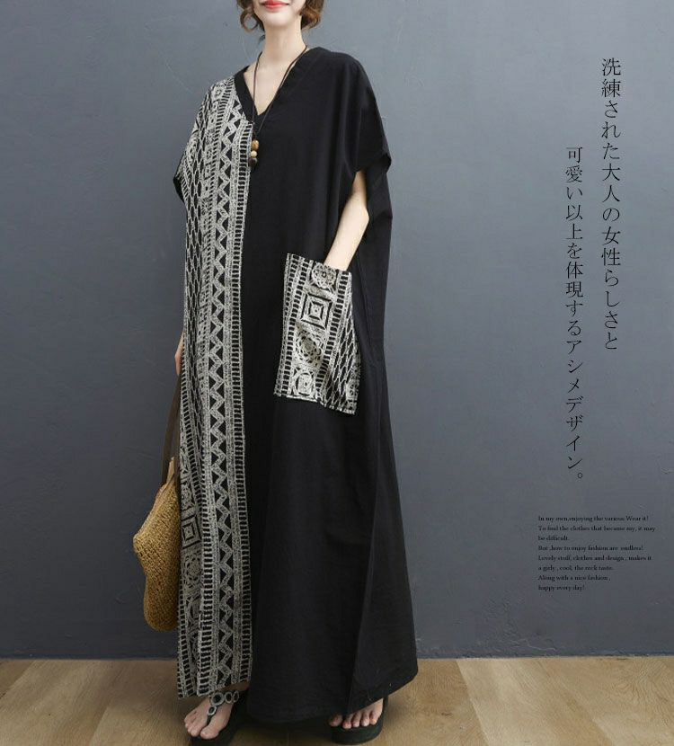 大きいサイズ レディース エスニック柄切替えVネックワンピース　goldy-729 【メール便可】