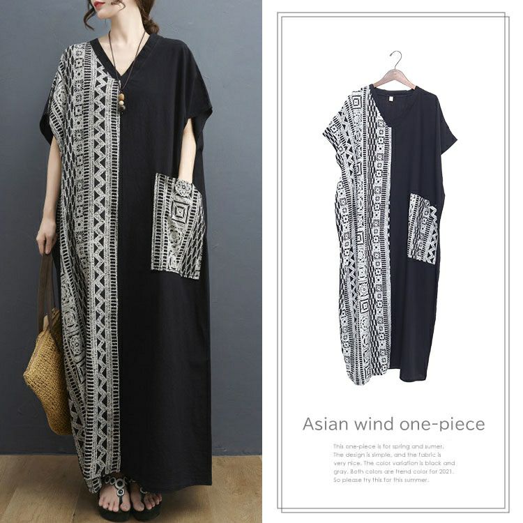 大きいサイズ レディース エスニック柄切替えVネックワンピース　goldy-729 【メール便可】