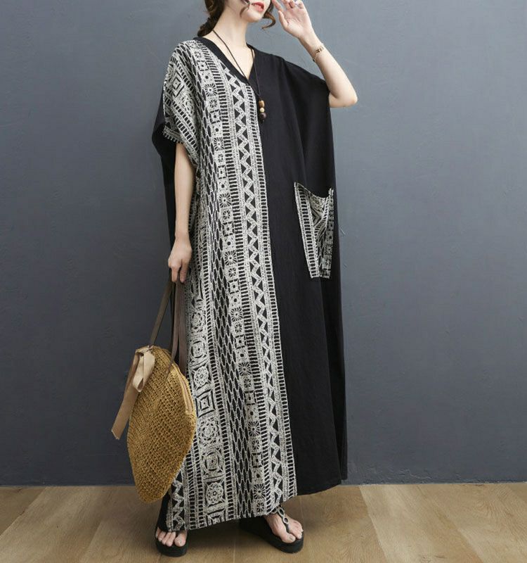 大きいサイズ レディース エスニック柄切替えVネックワンピース　goldy-729 【メール便可】
