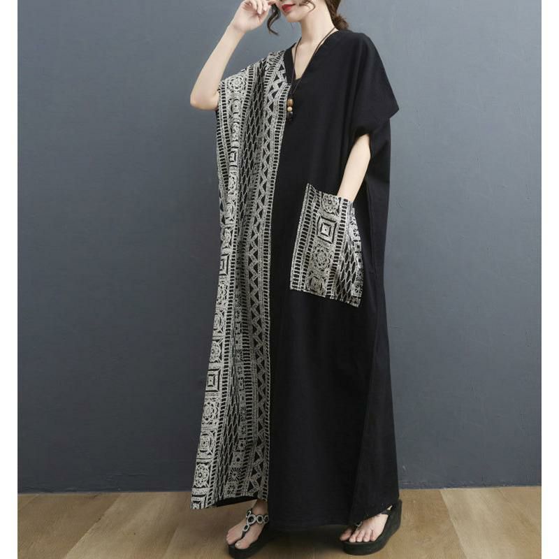 大きいサイズ レディース エスニック柄切替えVネックワンピース　goldy-729 【メール便可】 ブラック