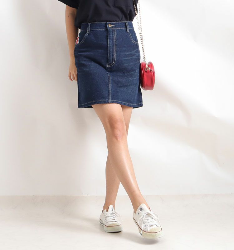 大きいサイズ レディース ワッペン付き台形デニムスカート　tkb-0003