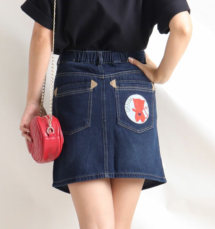 大きいサイズ レディース ワッペン付き台形デニムスカート　tkb-0003